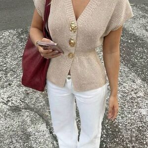 Beige Knit Buttoned Vest with Gold Buttons